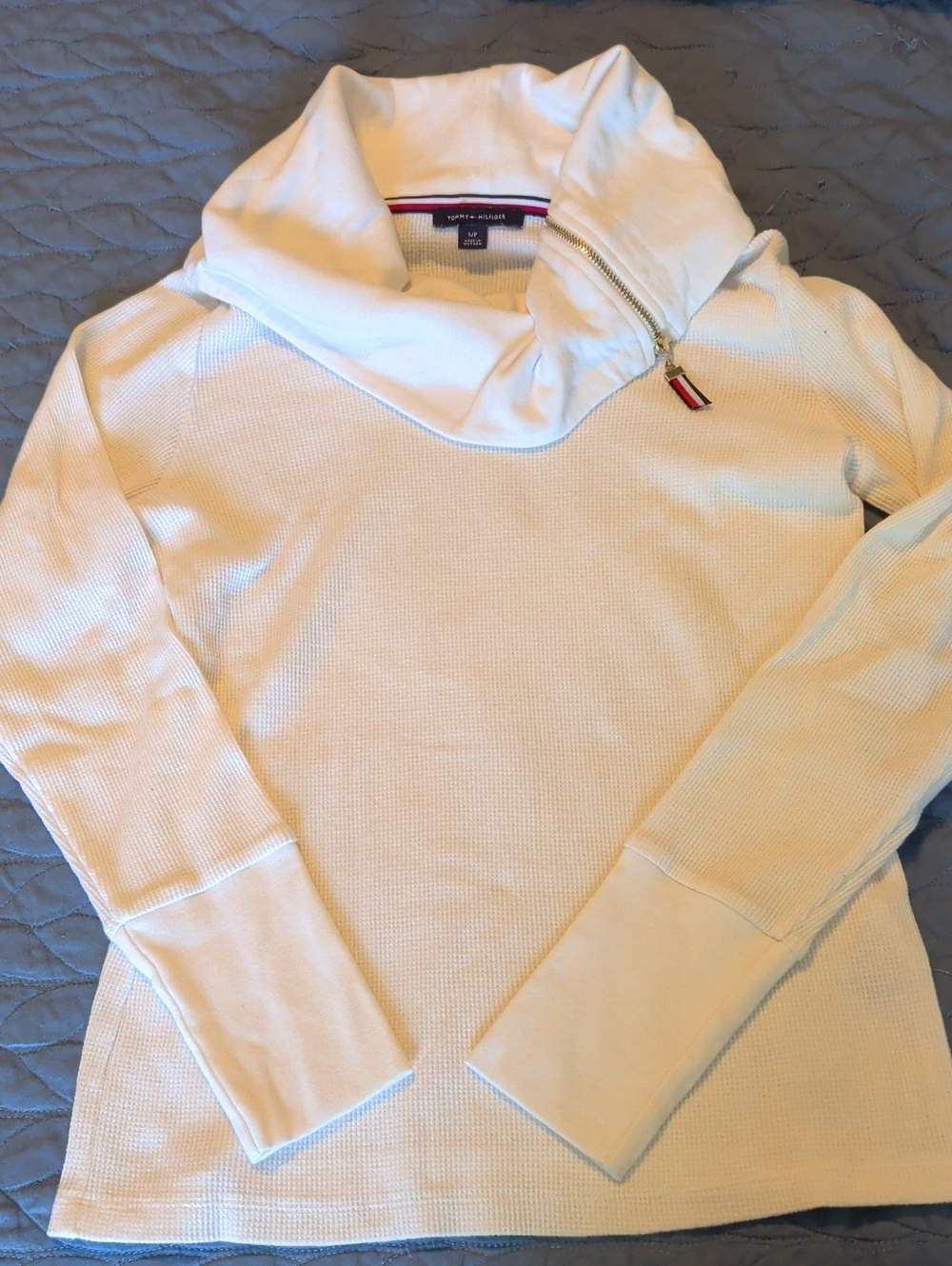 Tommy Hilfiger Cream Waffle-Knit Funnel Zip Sweater
